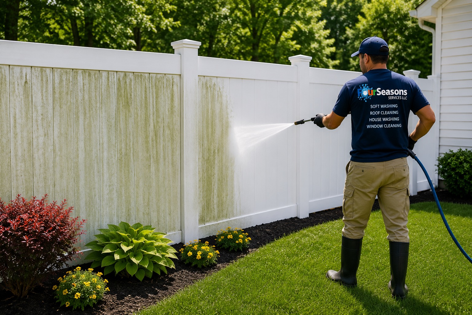 Professional vinyl fence cleaning by Four Seasons Services in New Jersey
